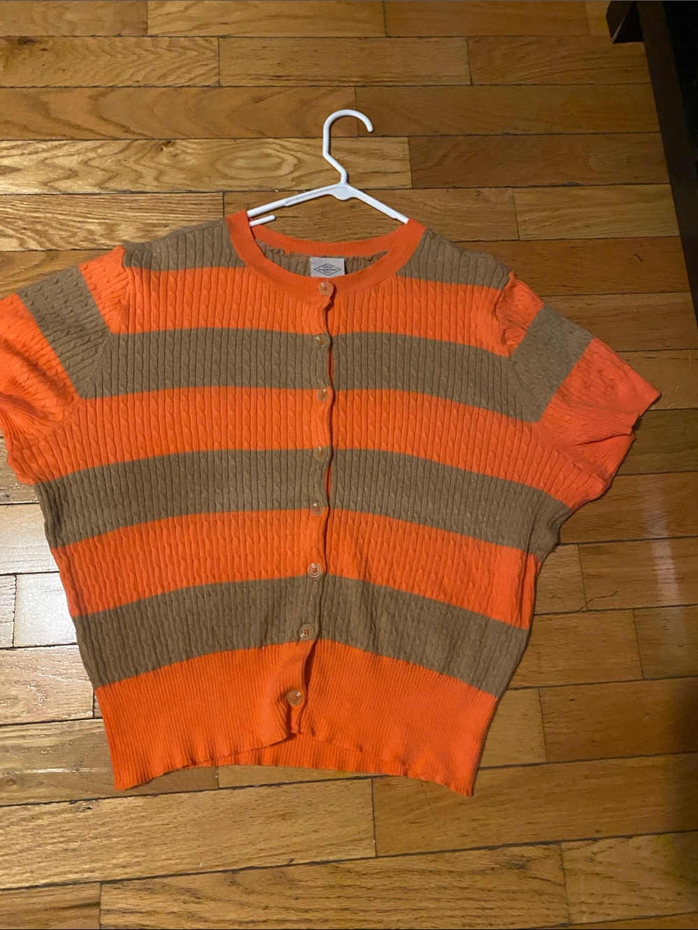 Striped Short-Sleeve Button Cardigan - Orange & Brown